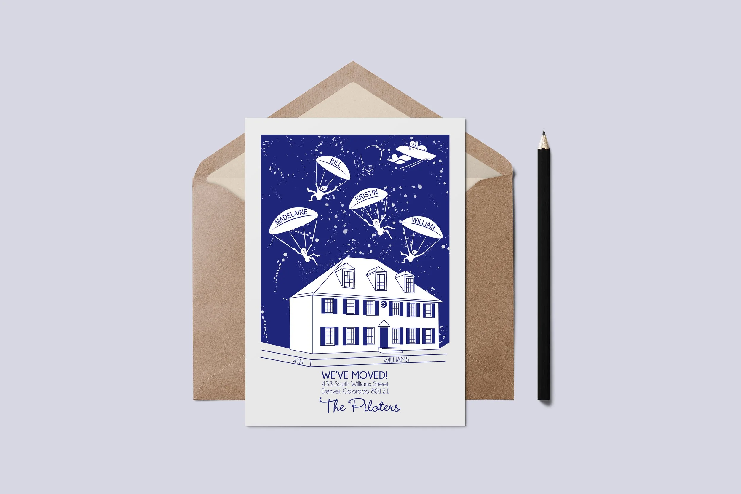 A moving announcement card with a house illustration, flying at night with five parachutes labeled with names, under a starry sky with a person in a spaceship, and a brown envelope and black pen beside it.