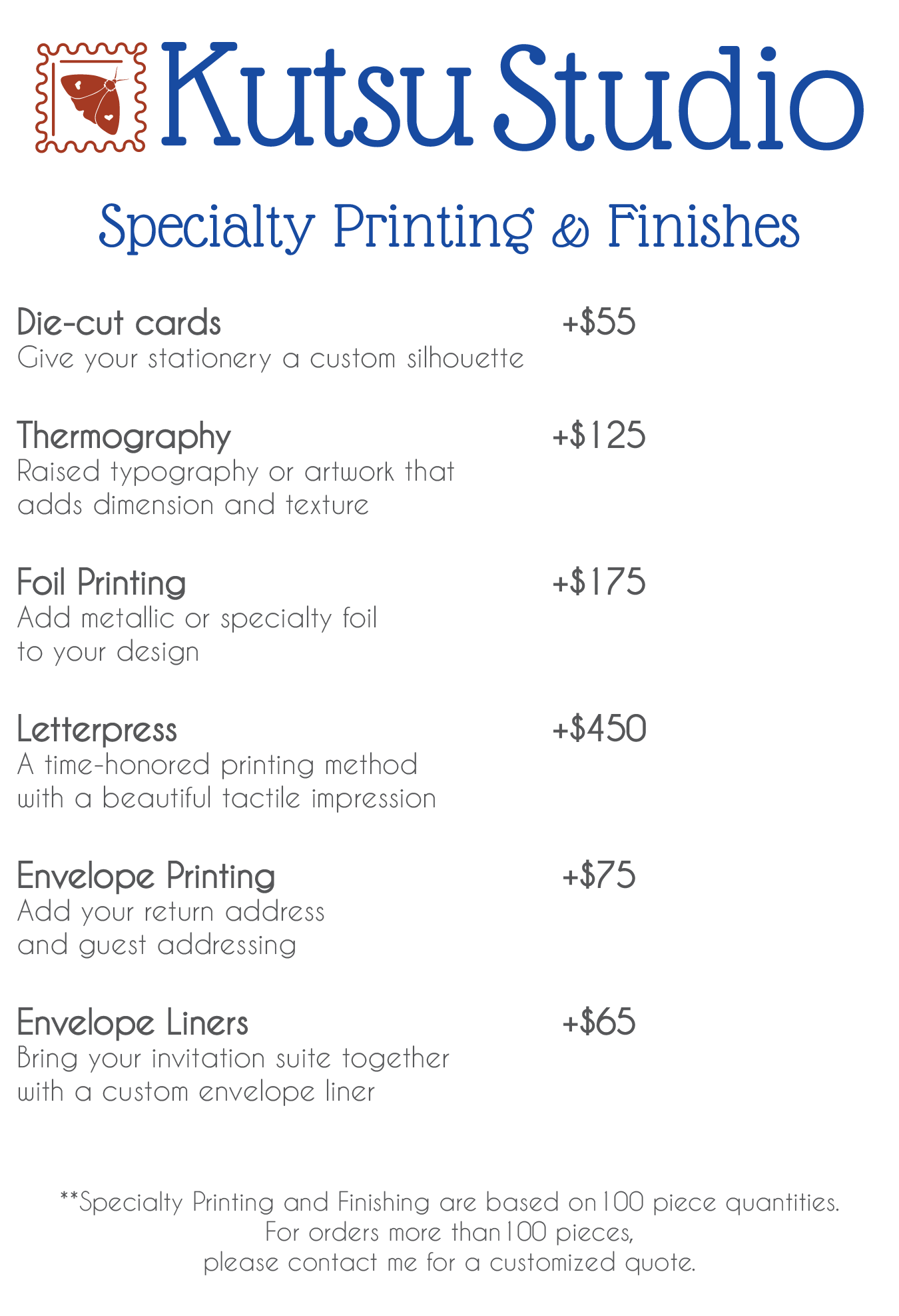 Kutsu Studio logo with a butterfly inside a decorative border, and a list of specialty printing services such as die-cut cards, thermography, foil printing, letterpress, envelope printing, and envelope liners with prices for each service.