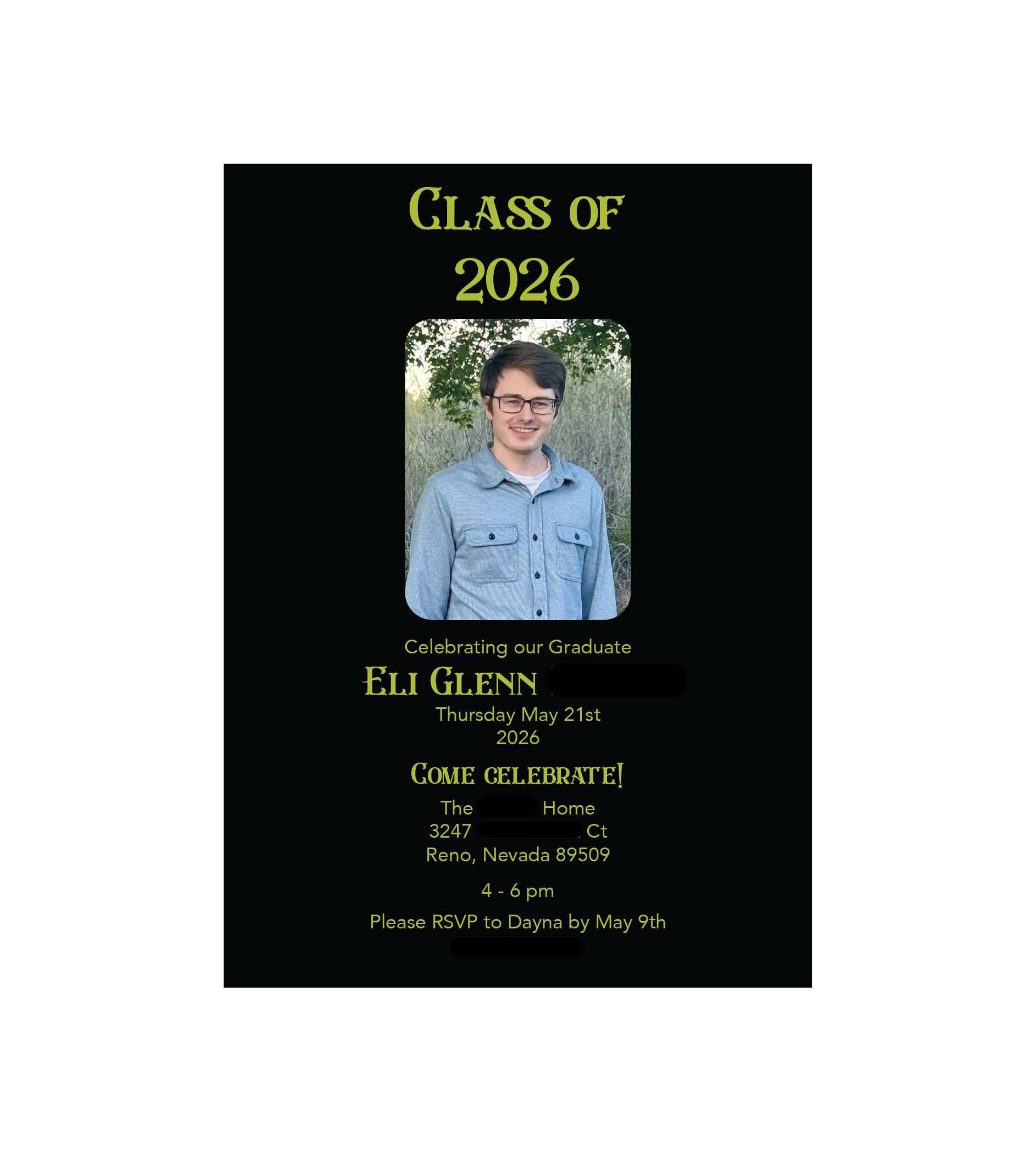 Graduation invitation with a photo of Eli Glenn, details of the celebration on May 21, 2026, in Reno, Nevada, from 4 to 6 pm, RSVP info included.