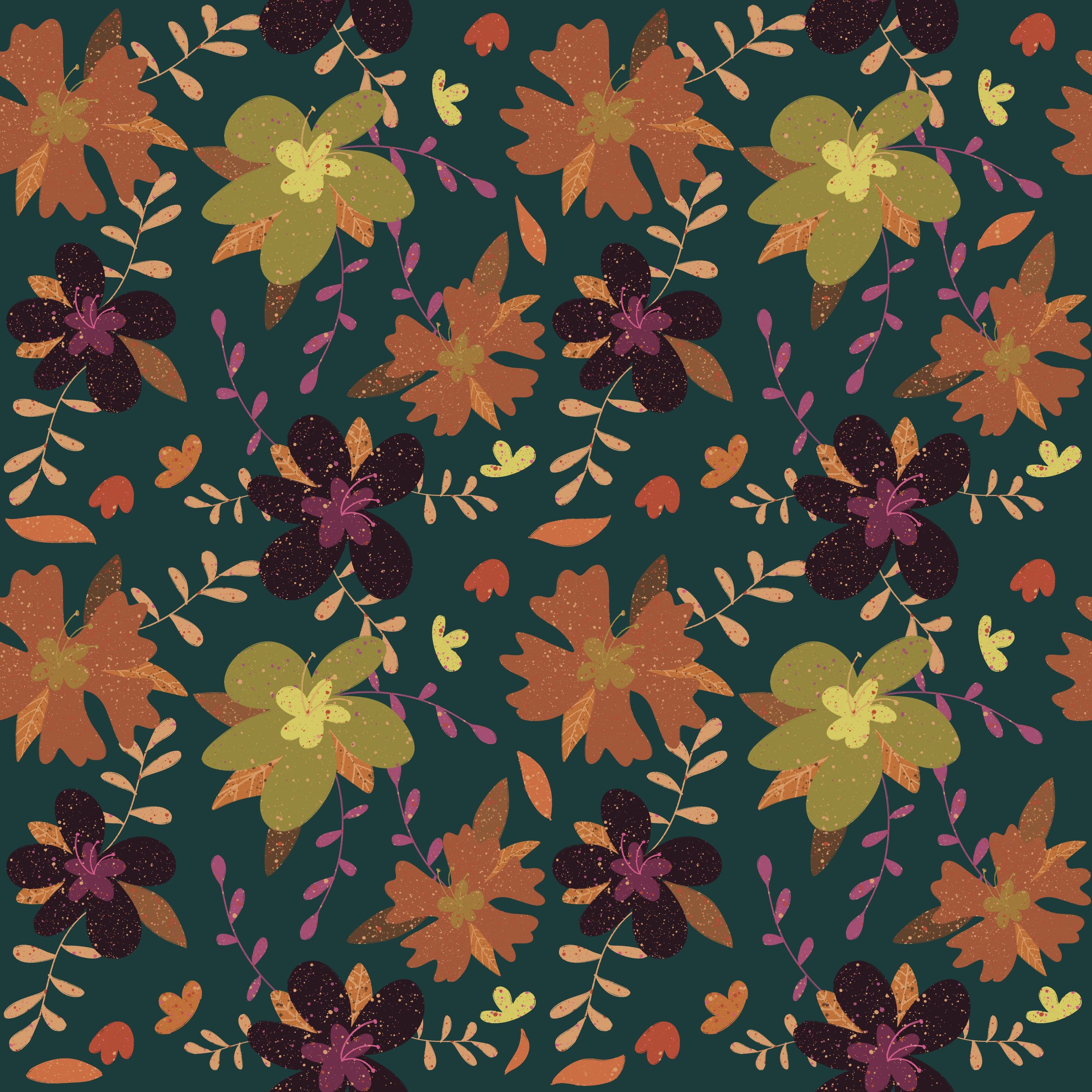 A seamless floral pattern with autumn-colored leaves, black and purple flowers, and small orange and yellow hearts and buds on a dark green background.