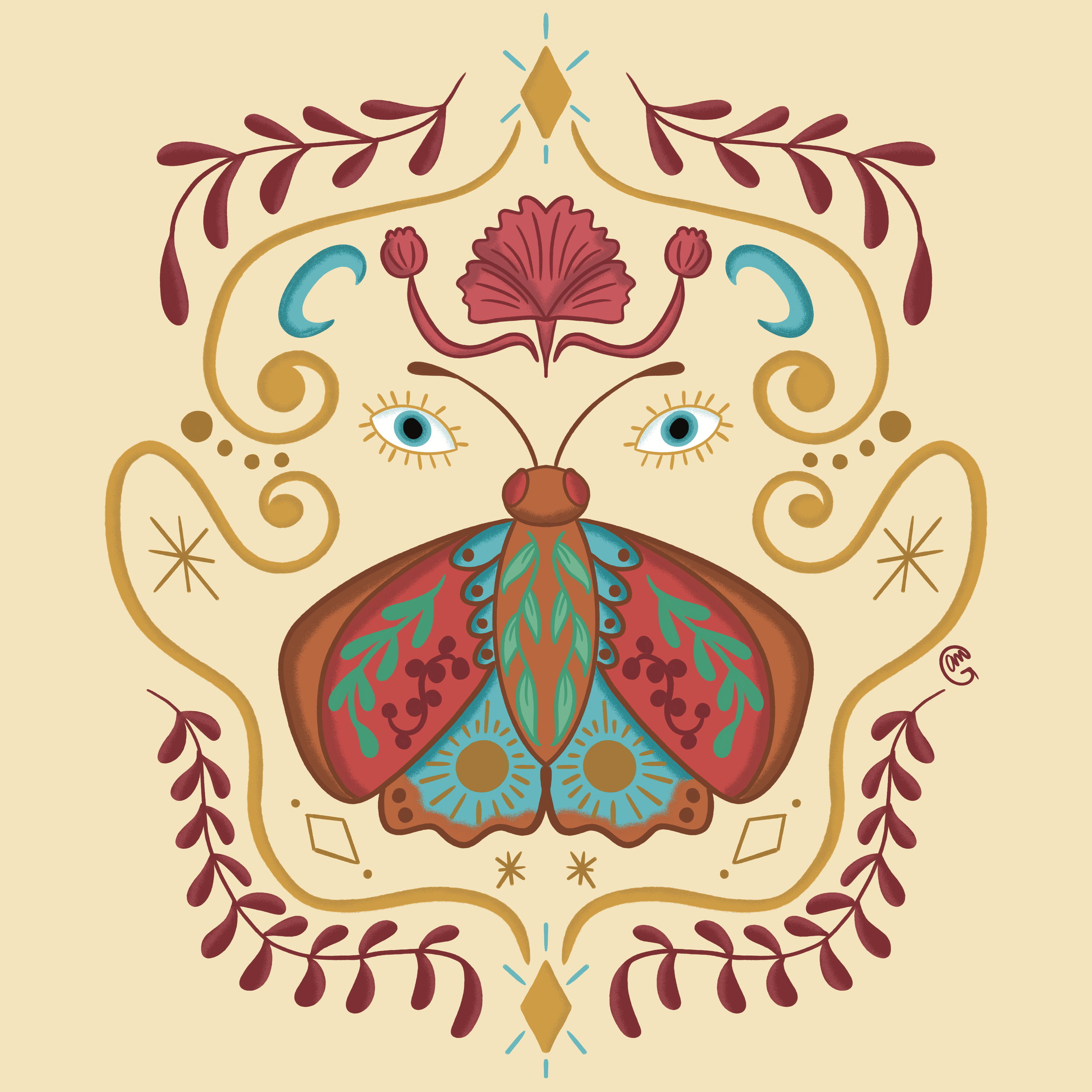 Colorful mural of a stylized butterfly with decorative floral and leaf patterns around it.