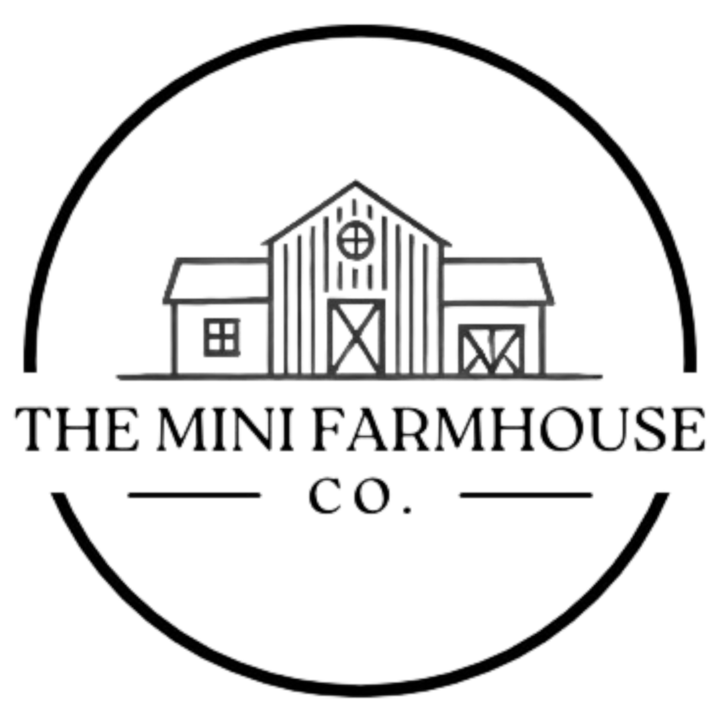 Logo of The Mini Farmhouse Co. featuring a illustration of a barn with a circular window above the front doors, within a circular border and text underneath