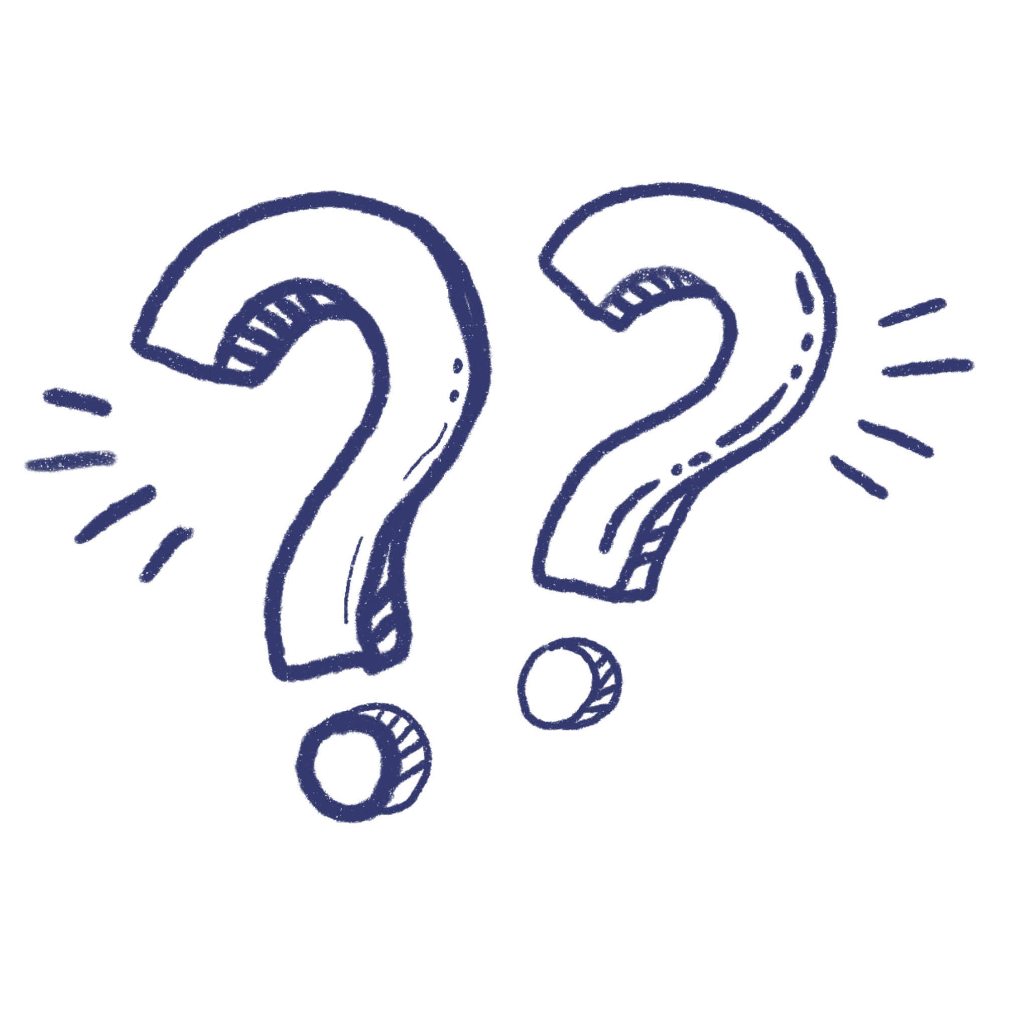 Hand-drawn blue question marks with lines indicating questioning or uncertainty.