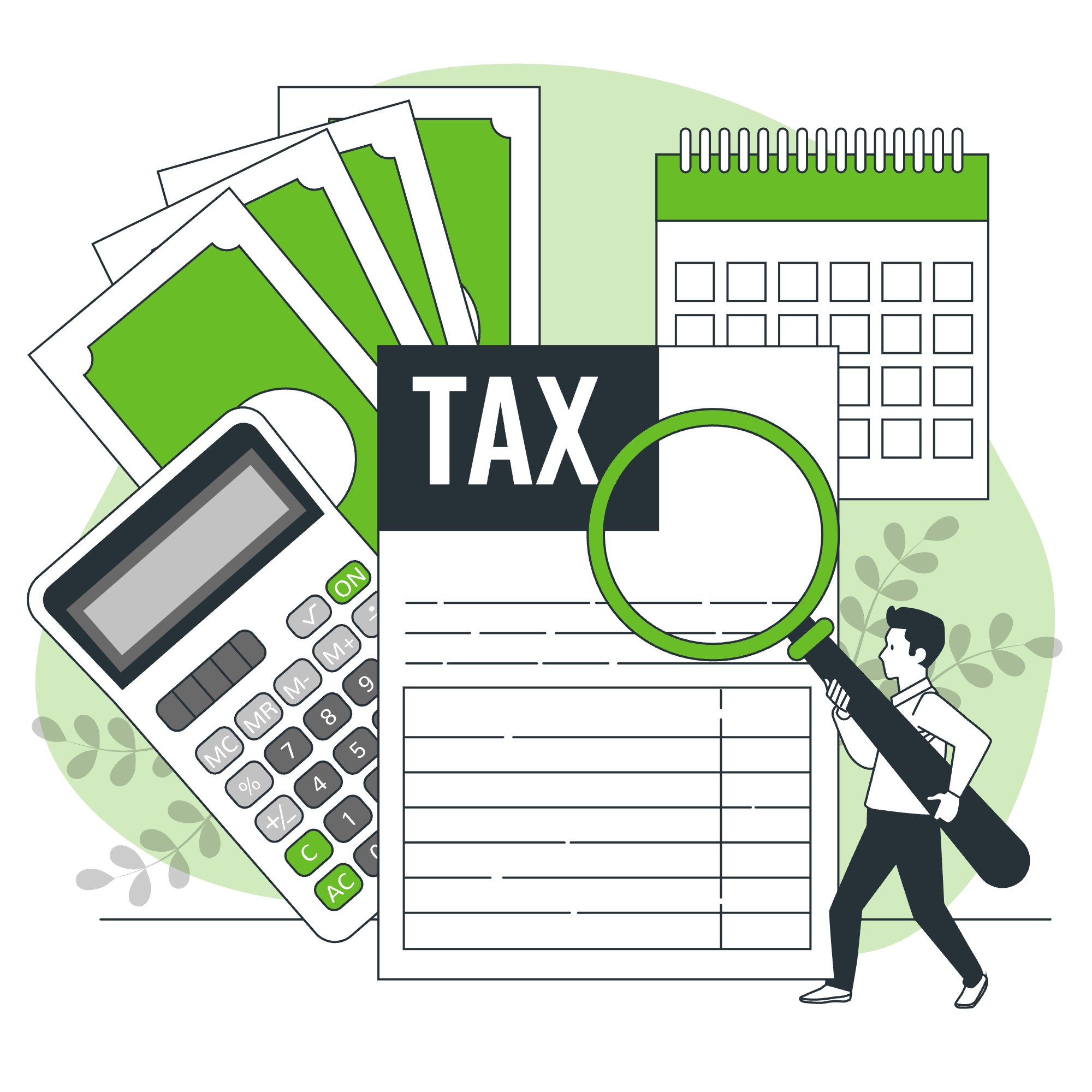 Illustration of tax-related items including money, a calculator, a tax document labeled 'TAX', a calendar, and a person using a large magnifying glass.