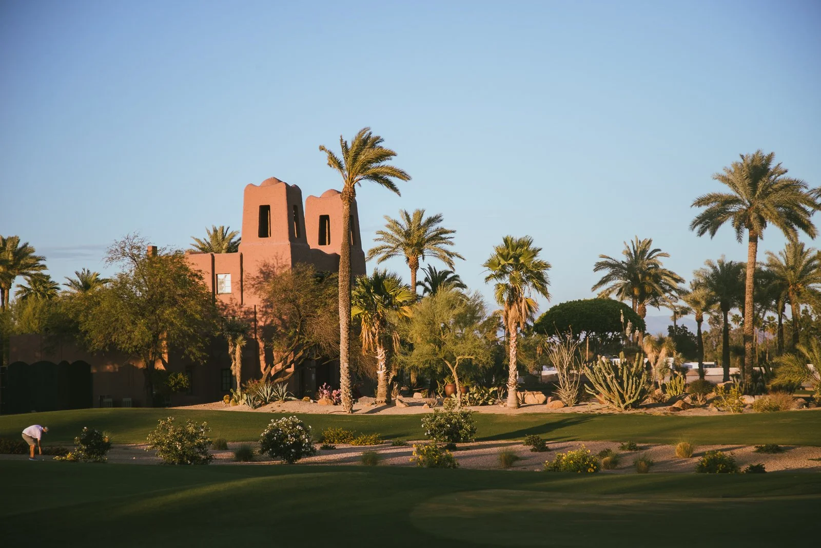 A desert landscape with palm trees, cacti, and a building with adobe-style architecture against a clear blue sky, possibly a golf course.