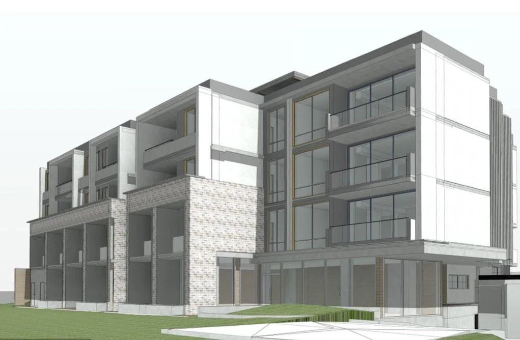 Architectural illustration of Project Botany, a 1,550sqm apartment complex by Project Form, displaying the brick base and multi-story concrete and glass facade from a low-angle perspective.
