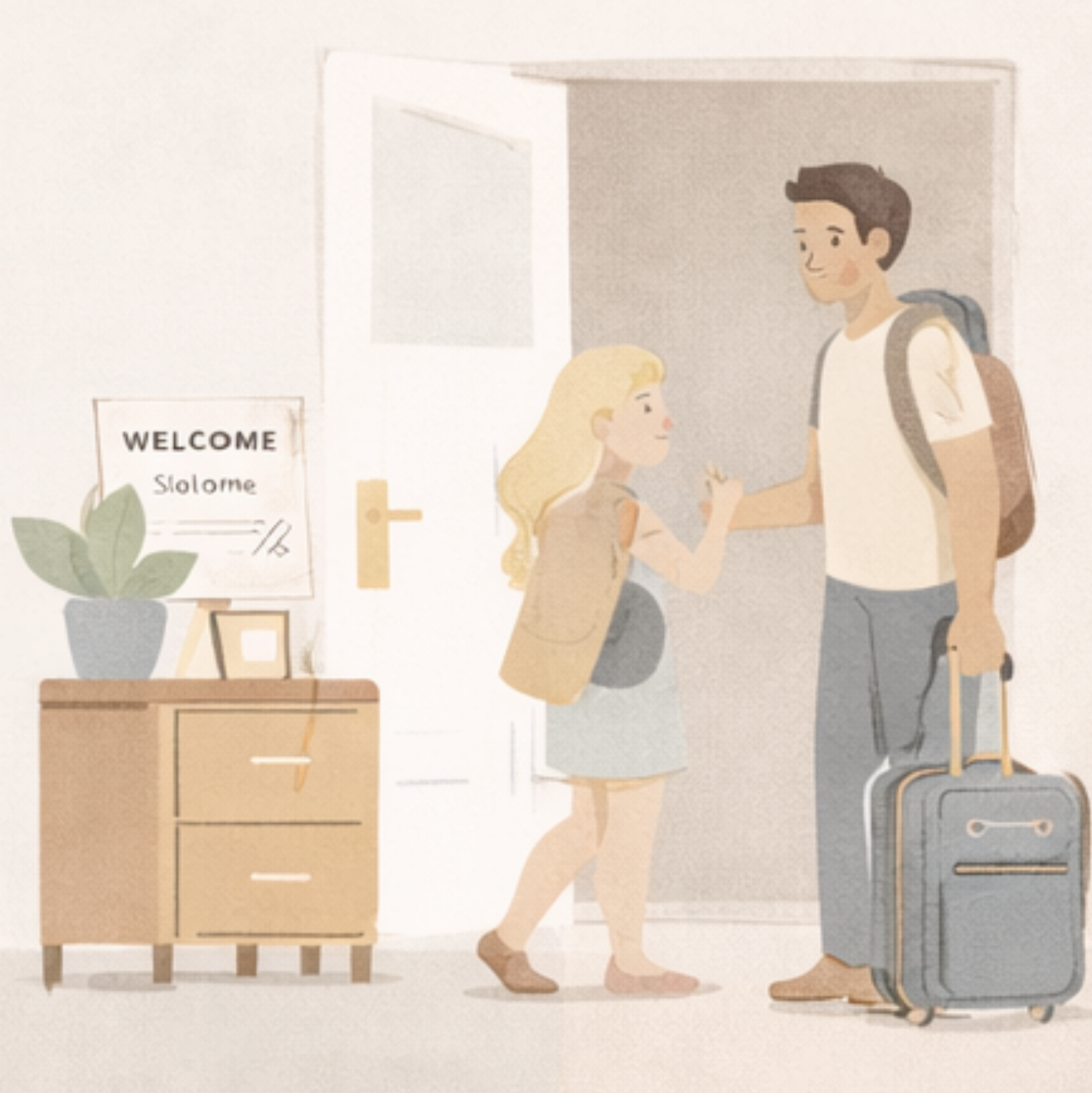 A girl with long blonde hair, wearing a beige jacket, white dress, and sandals, greeting a man carrying a suitcase at the door of a home. The man has short dark hair, a white t-shirt, gray pants, and a backpack. There is a wooden cabinet with a potted plant, a framed photo, and a welcome sign that reads "WELCOME Solome" next to them.