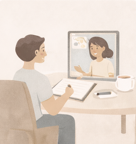 A man participating in a video call with a woman, sitting at a desk with a notebook, pen, coffee mug, and remote control.