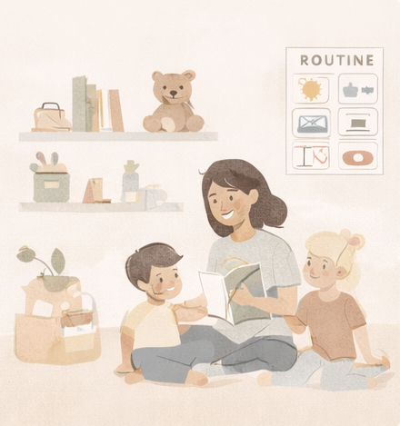 Illustration of a smiling woman reading a book with two children, a boy and a girl, sitting on the floor in a cozy room with shelves, toys, and a poster labeled "ROUTINE" on the wall.