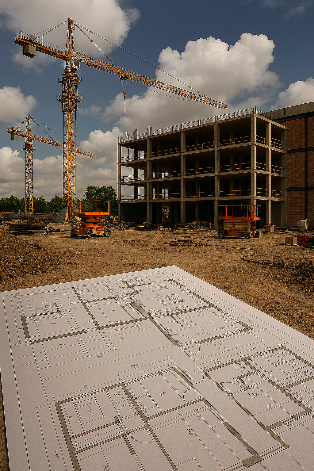 Construction site with two towers cranes, a partially built multi-story building, construction equipment, and a blueprint of a building layout on the ground in the foreground.