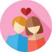 Cartoon illustration of a couple with a heart in the background