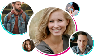 Collage of five diverse smiling people outdoors, with a central blonde woman, surrounded by four smaller portraits.