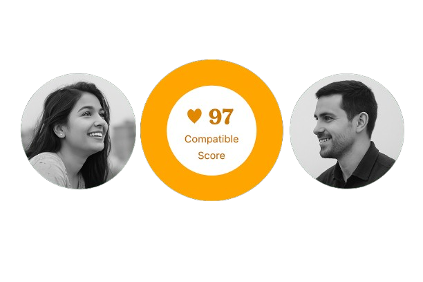 Profile pictures of a woman and a man with a compatibility score of 97 in a dating app interface.