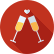 Two champagne glasses clinking in a toast against a red background with a heart.