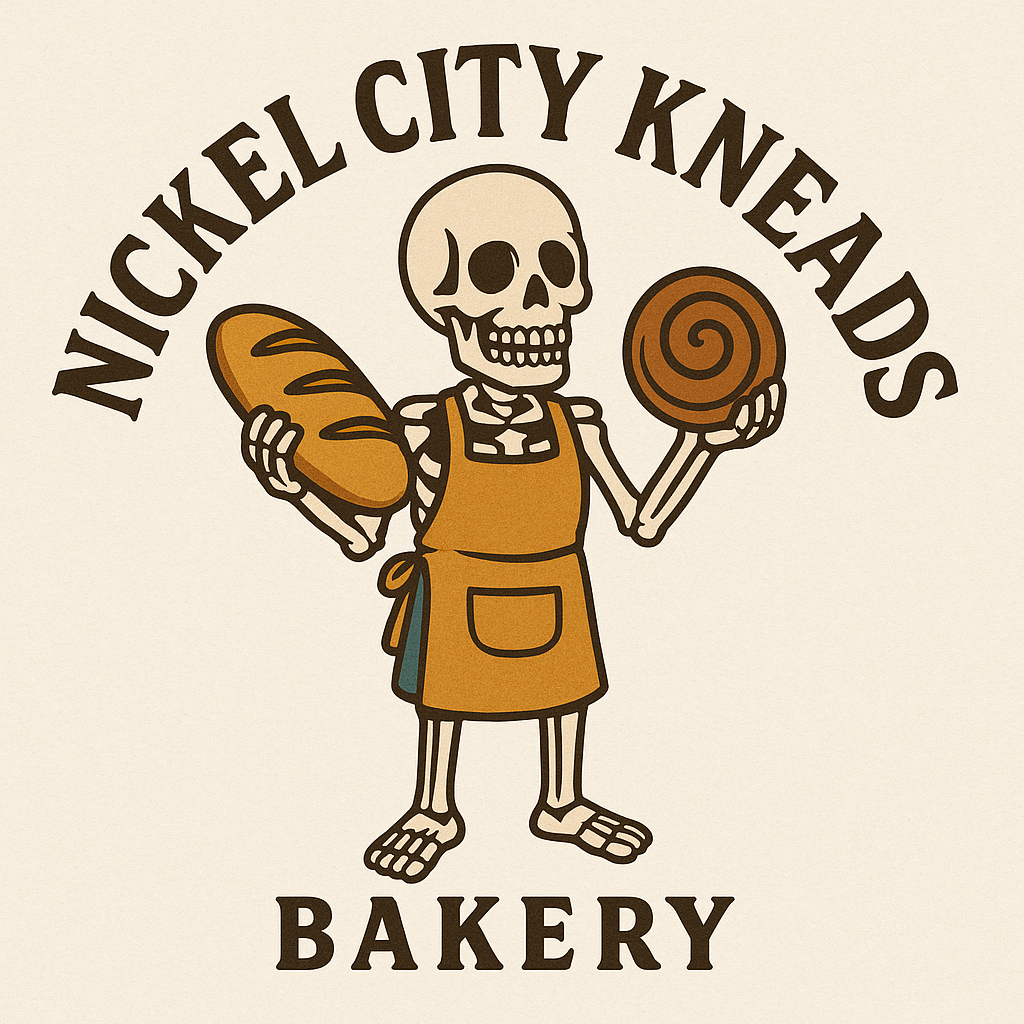 Logo for Nickel City Kneads Bakery featuring a cartoon skeleton in an apron holding bread and a cinnamon roll.