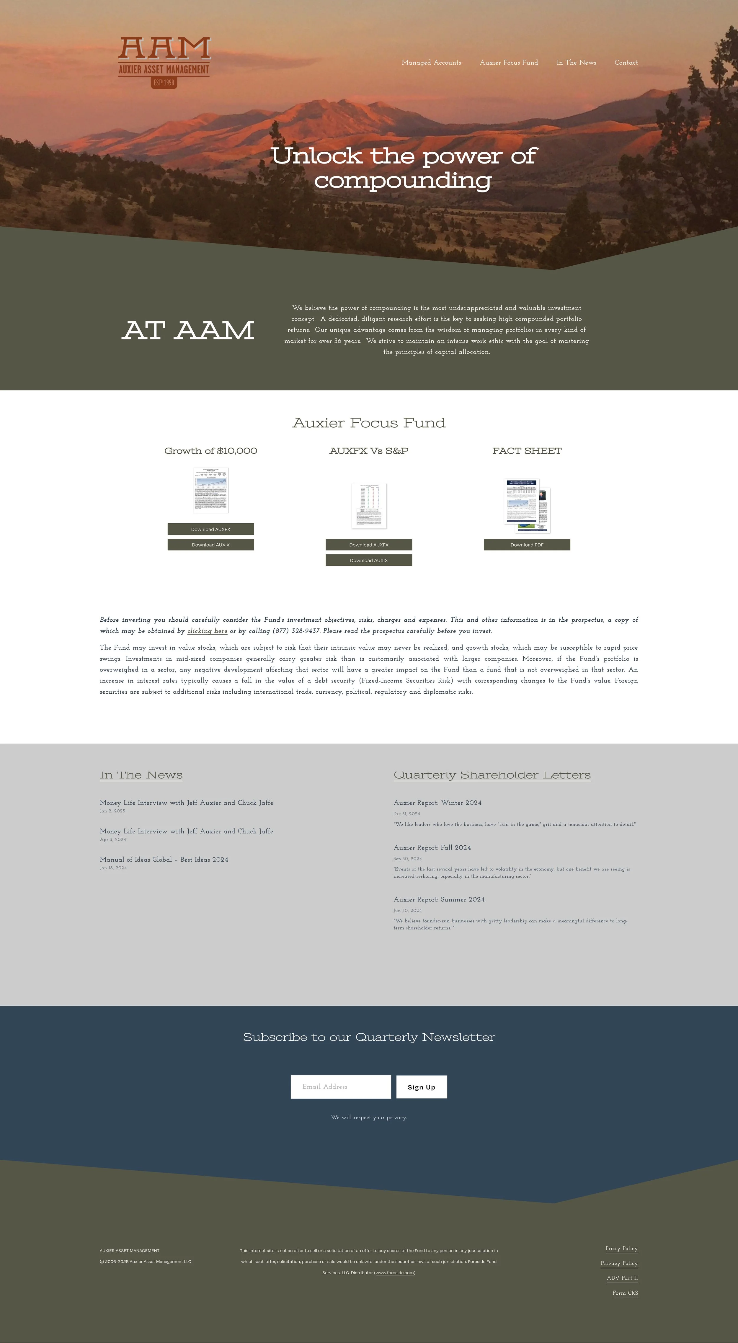 Homepage of Auxier Asset Management website showing a mountain landscape sunset, with navigation links, a headline about compounding, sections for investment information, news, and newsletter subscription.