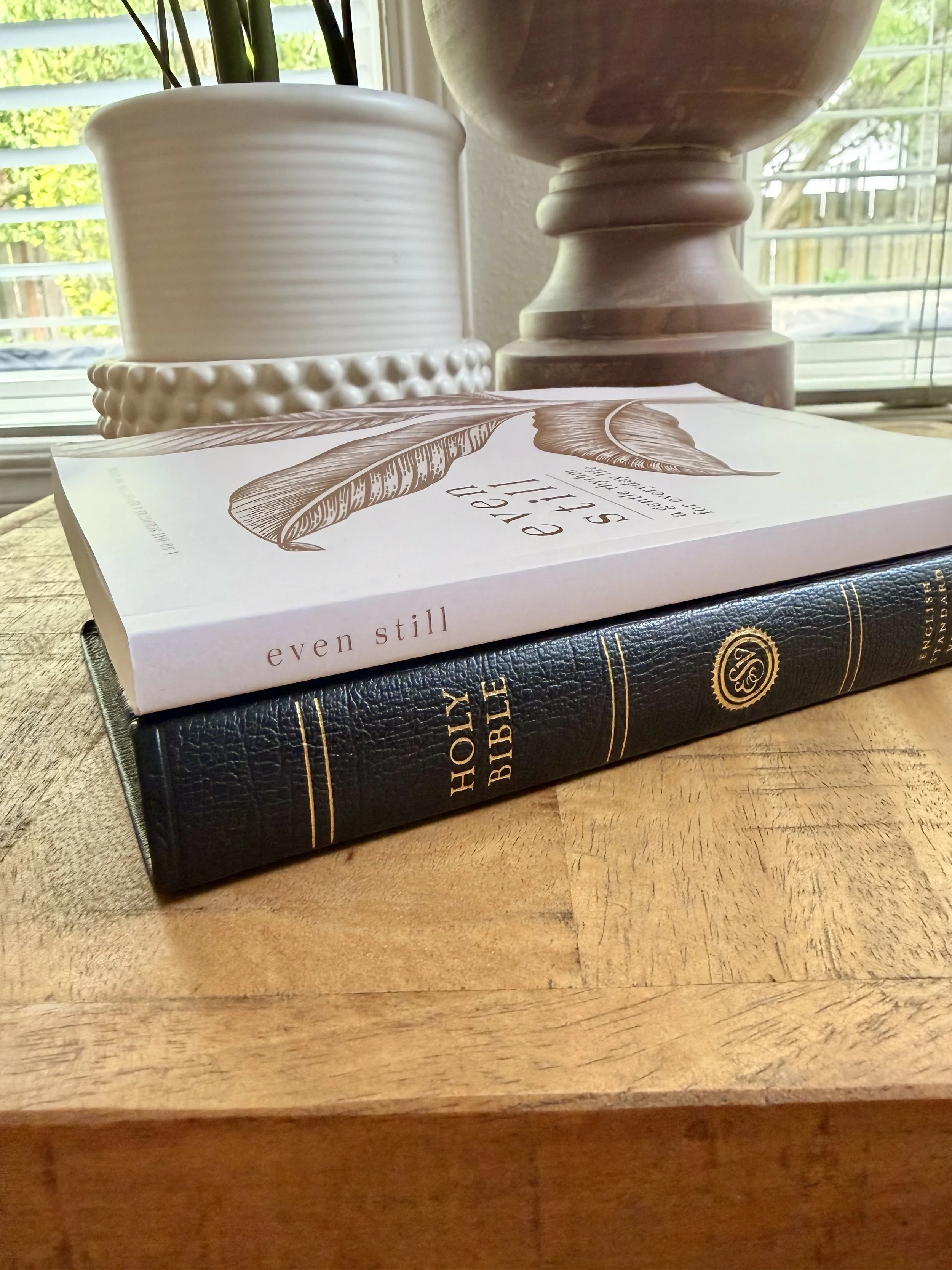 A stack of two books on a wooden table with a paper on top and two decorative pots in the background near a window.