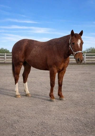 A brown horse with a white blaze on its face standing on a dirt field with a wooden fence and blue sky in the background.