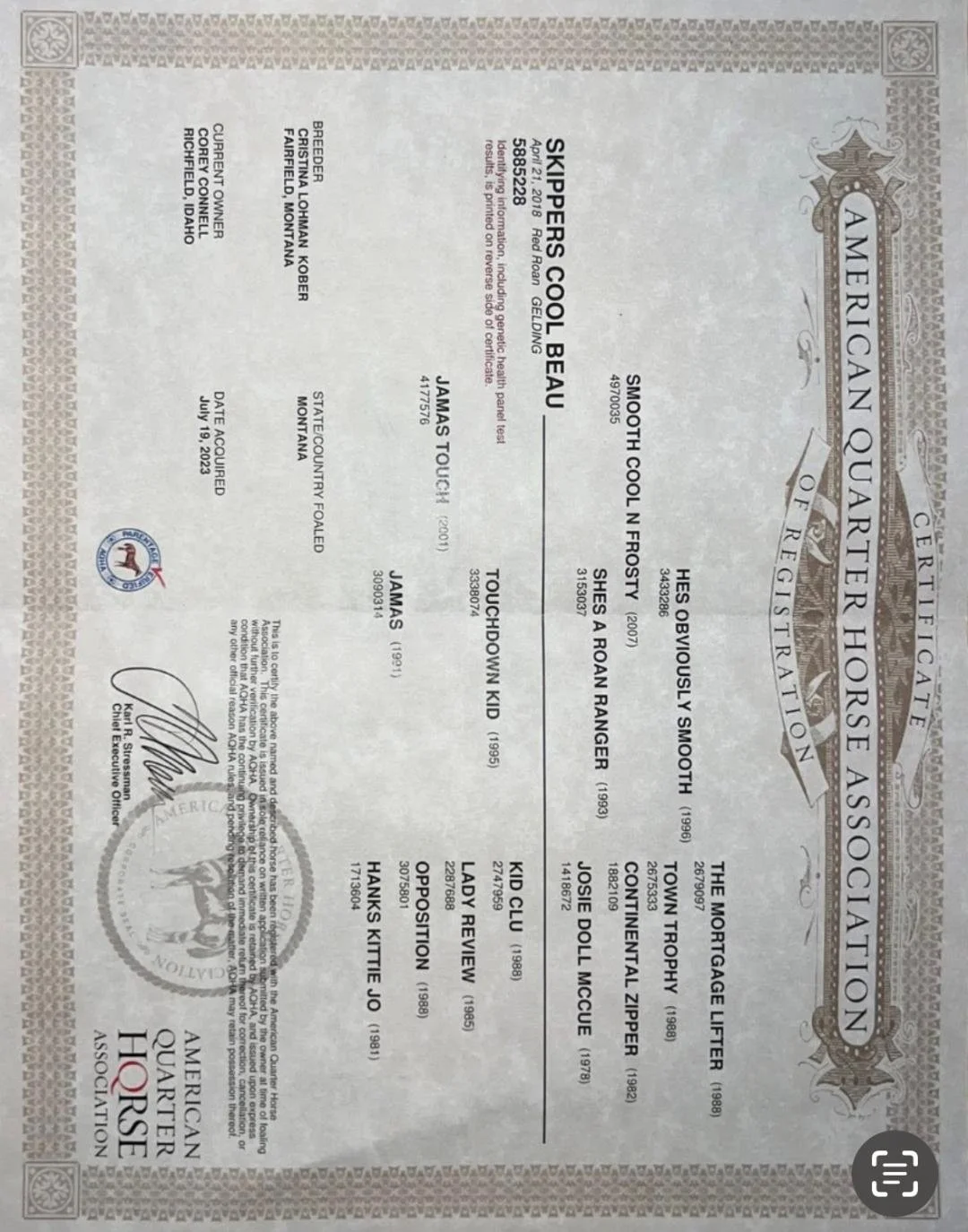 A certification document from the American Quireter Horse Association, issued in July 2023, for a smooth cool in frosty, Idaho, along with various details such as registration information, pedigree, and signatures.