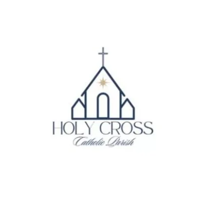 Logo of a church with a stylized church building, a cross on top, a star, and the text 'Holy Cross Catholic Parish'.
