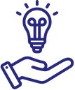 A stylized line drawing of a human head with gears inside and a hand underneath, symbolizing ideas and innovation.