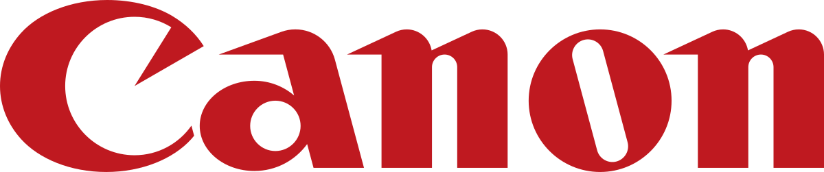 Close-up of the Canon logo in red and black text.