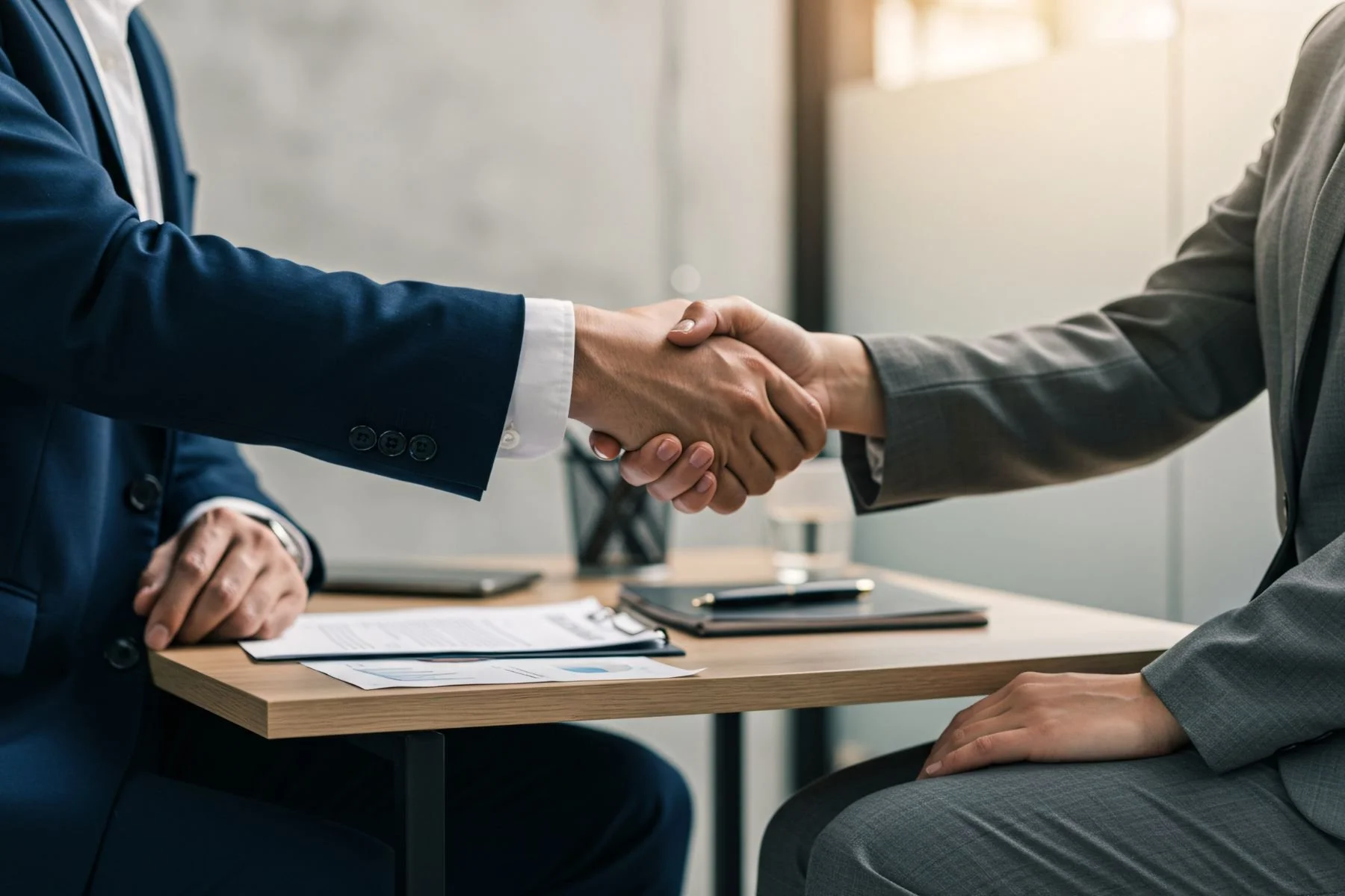 Two businesspeople shaking hands during a formal meeting in an office, with documents and a pen on the table.