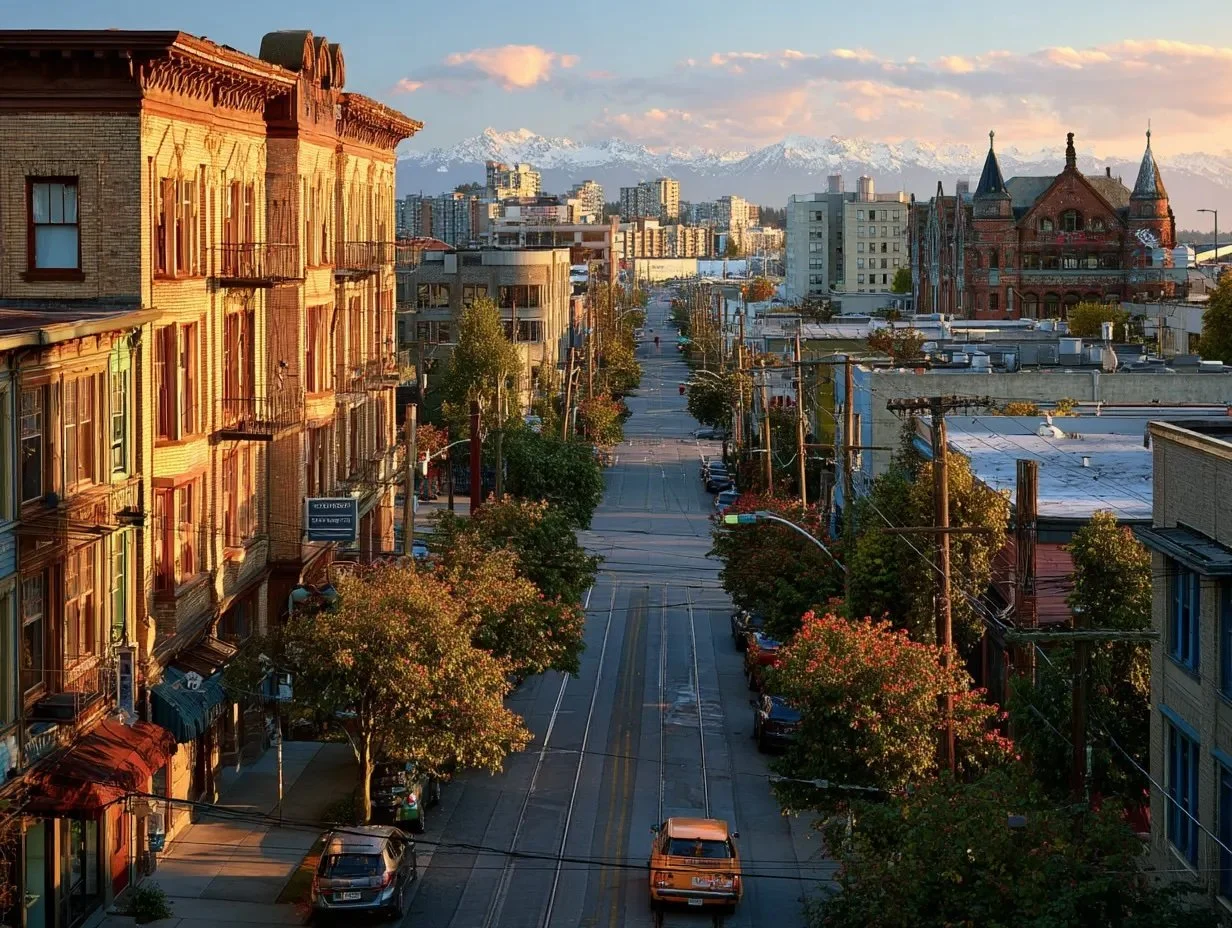 City street lined with trees, parked cars, and multi-story buildings with mountain range in the background, during sunset.