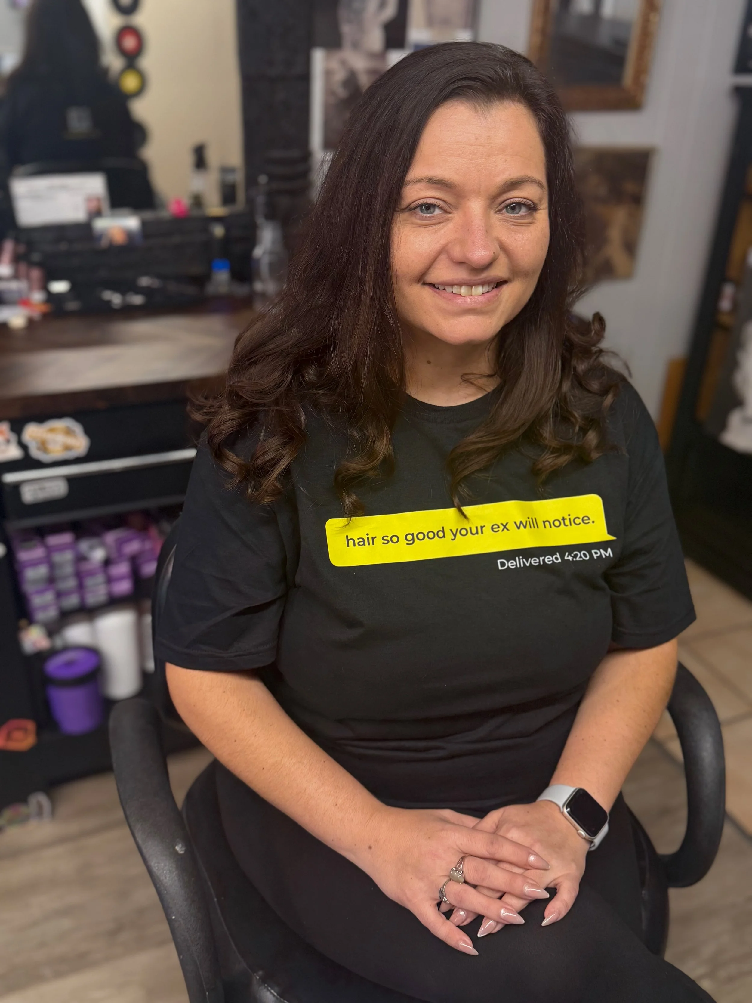 Client during a relaxed first hair appointment at Snip Happens, an appointment-only salon located in downtown New Port Richey.