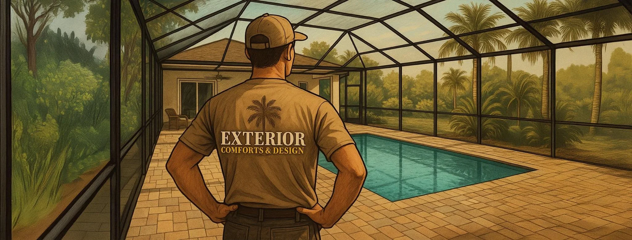 Exterior Comforts & Design technician overlooking a custom screened pool enclosure designed for Florida outdoor living near Downtown New Port Richey.