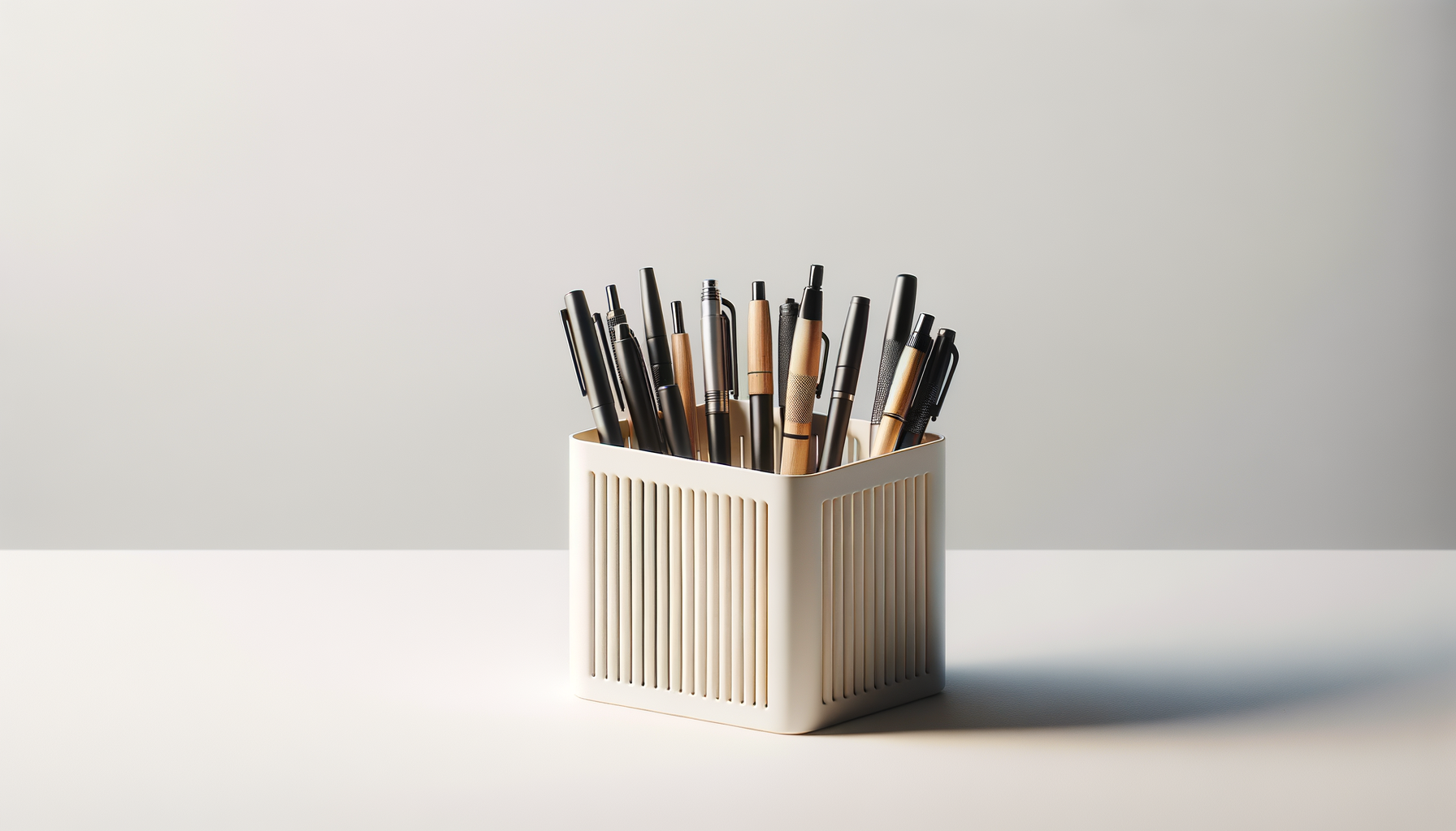 A white container filled with black and wooden pens, placed on a white surface against a light gray background.