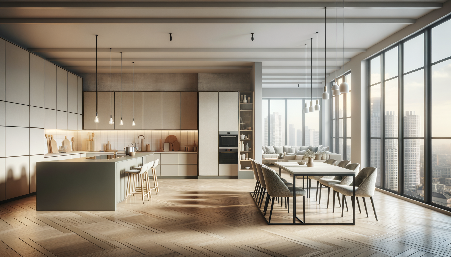 Modern open-concept kitchen and dining area with floor-to-ceiling windows showing city skyline, minimalist design, neutral tones, wooden floors, and contemporary furniture.