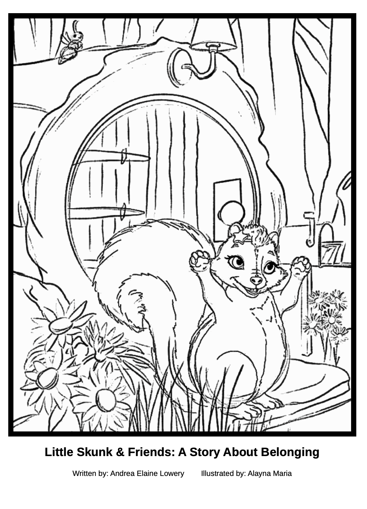 Black and white coloring page of a cheerful little fox standing on a log with arms raised, surrounded by flowers, in front of a large treehouse with a rounded door and shelf, a lamp hanging outside, and some bees flying around.