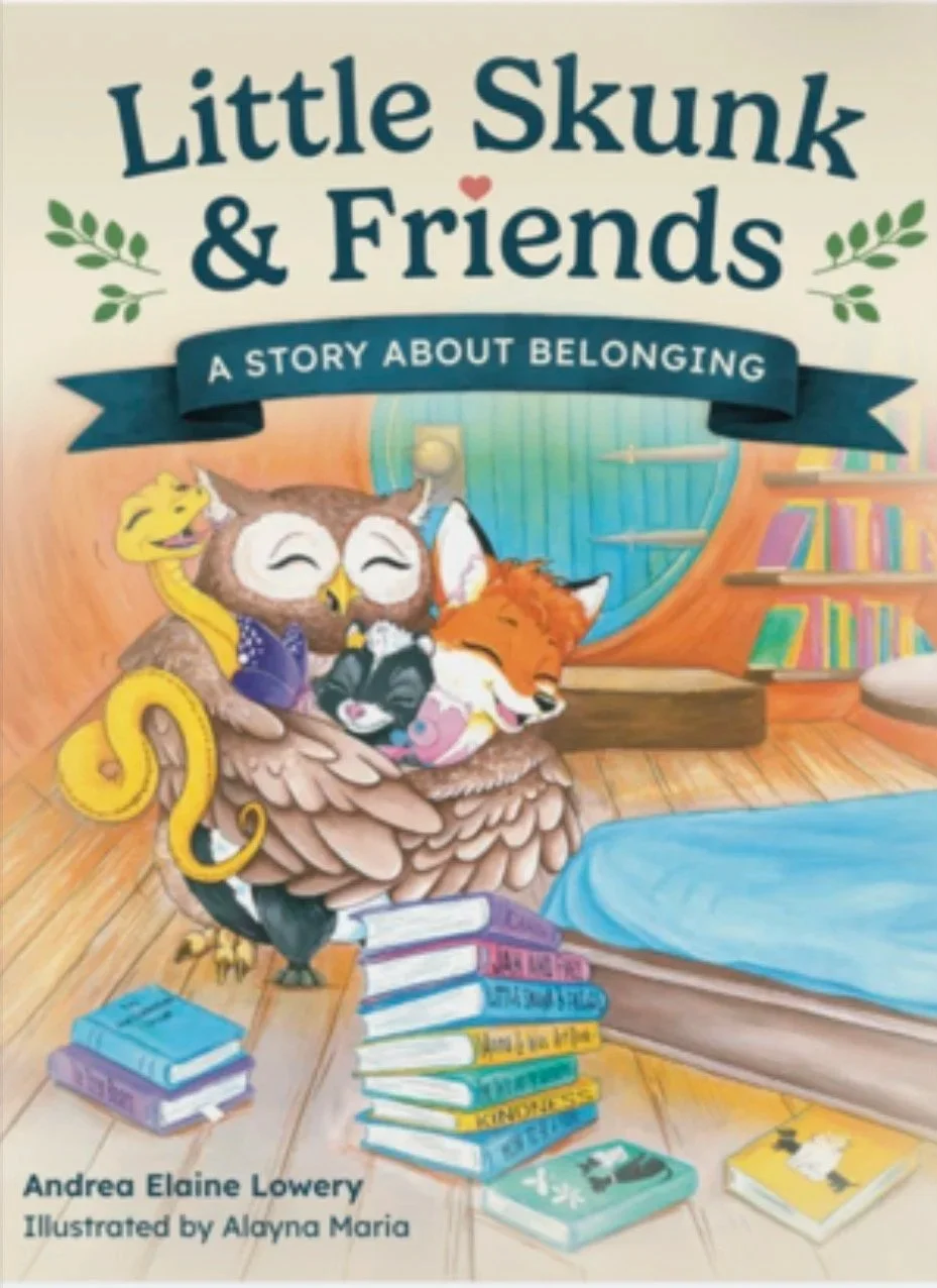 Cover of a children's book titled 'Little Skunk & Friends: A Story About Belonging' featuring cartoon animals, including a skunk, owl, honeybee, and fox, sitting on a nest of books inside a cozy room with a bookshelf and bed.