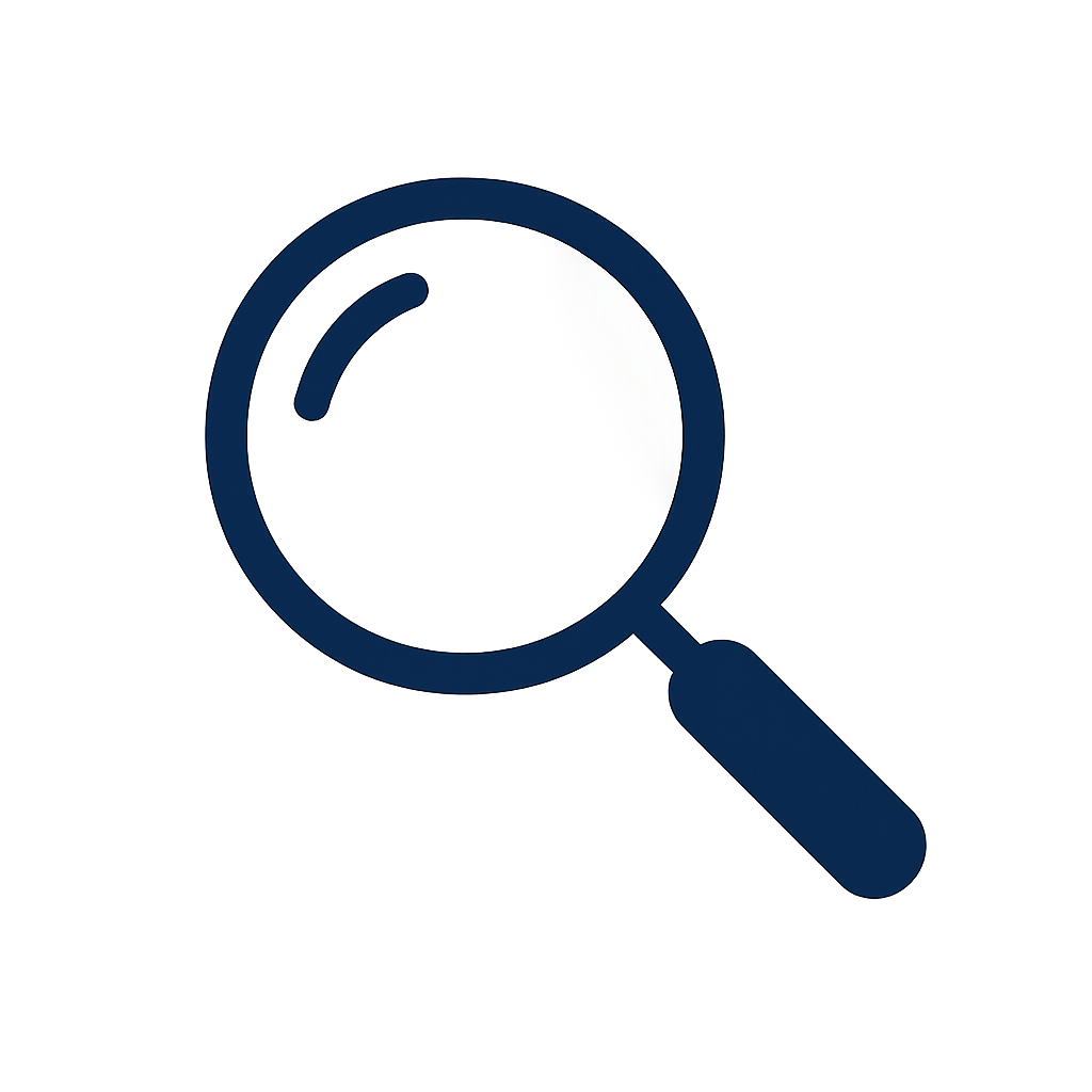 Close-up of a magnifying glass with a blue handle, viewed from above, with a plain black background.