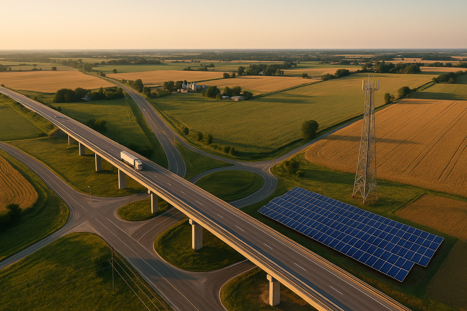 An aerial view of a rural landscape at sunset showing a highway with a truck, a solar panel array, a power transmission tower, and fields with trees and farm buildings.