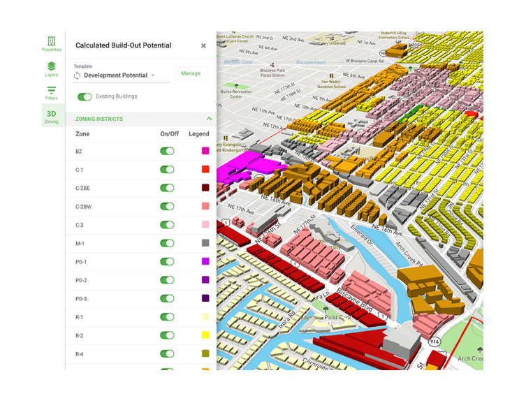 3D map visualization showing zoning districts in a city, with a sidebar legend indicating different zones such as BZ, C-1, C-2BE, C-2BW, C-3, M-1, PD-1, PD-2, PD-3, R-1, R-2, and R-4, each represented by distinct colors. Streets and local landmarks are visible in the background.