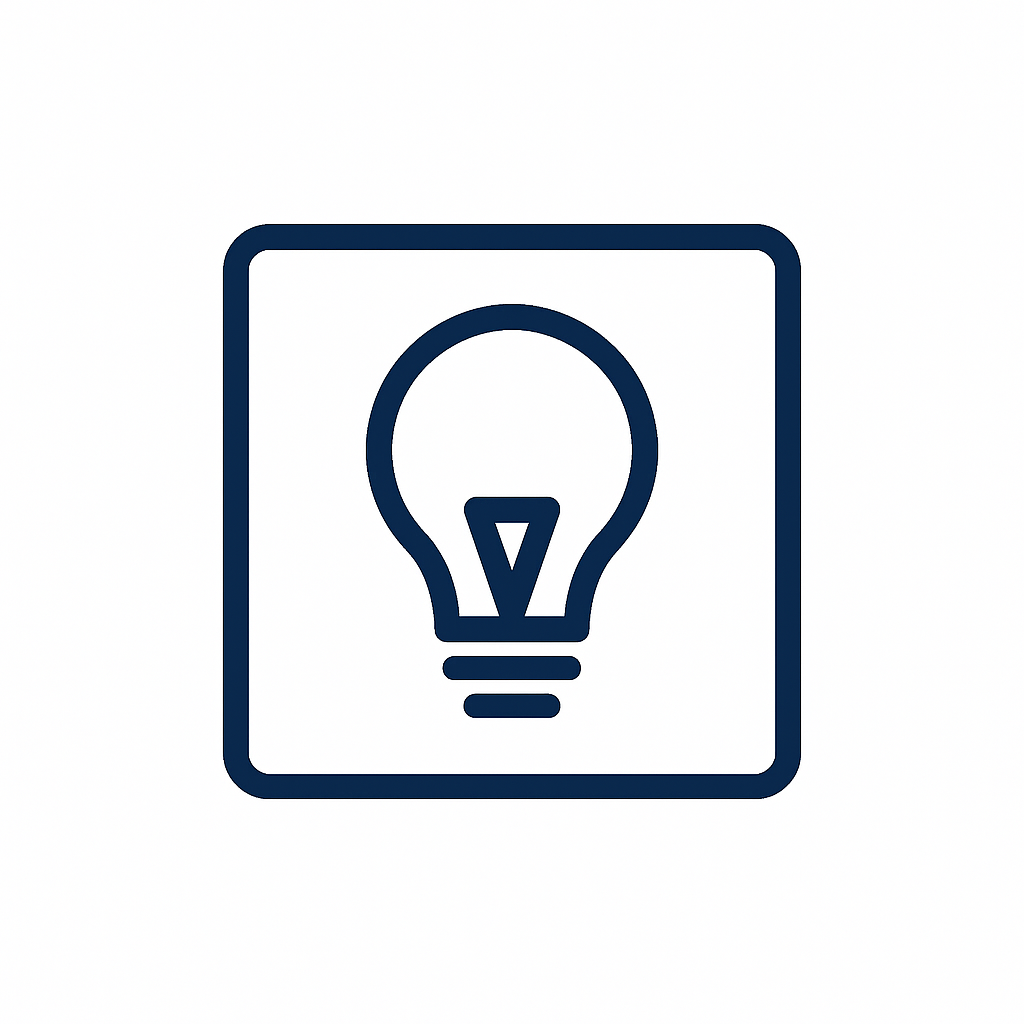 Icon of a light bulb inside a square outline, representing ideas or innovation.