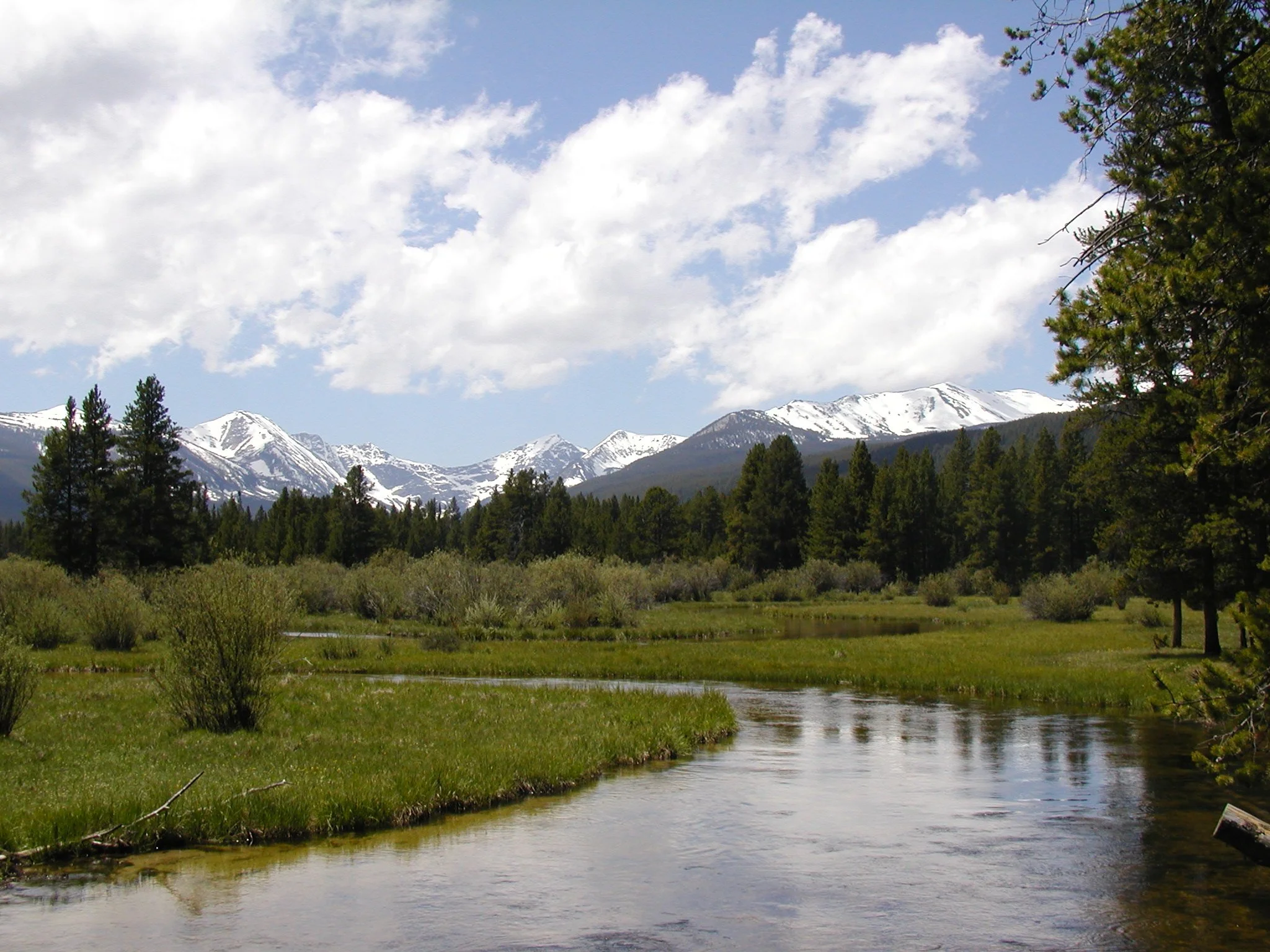 Scenic view of snow-capped mountains, green forest, and a flowing river under a partly cloudy sky.