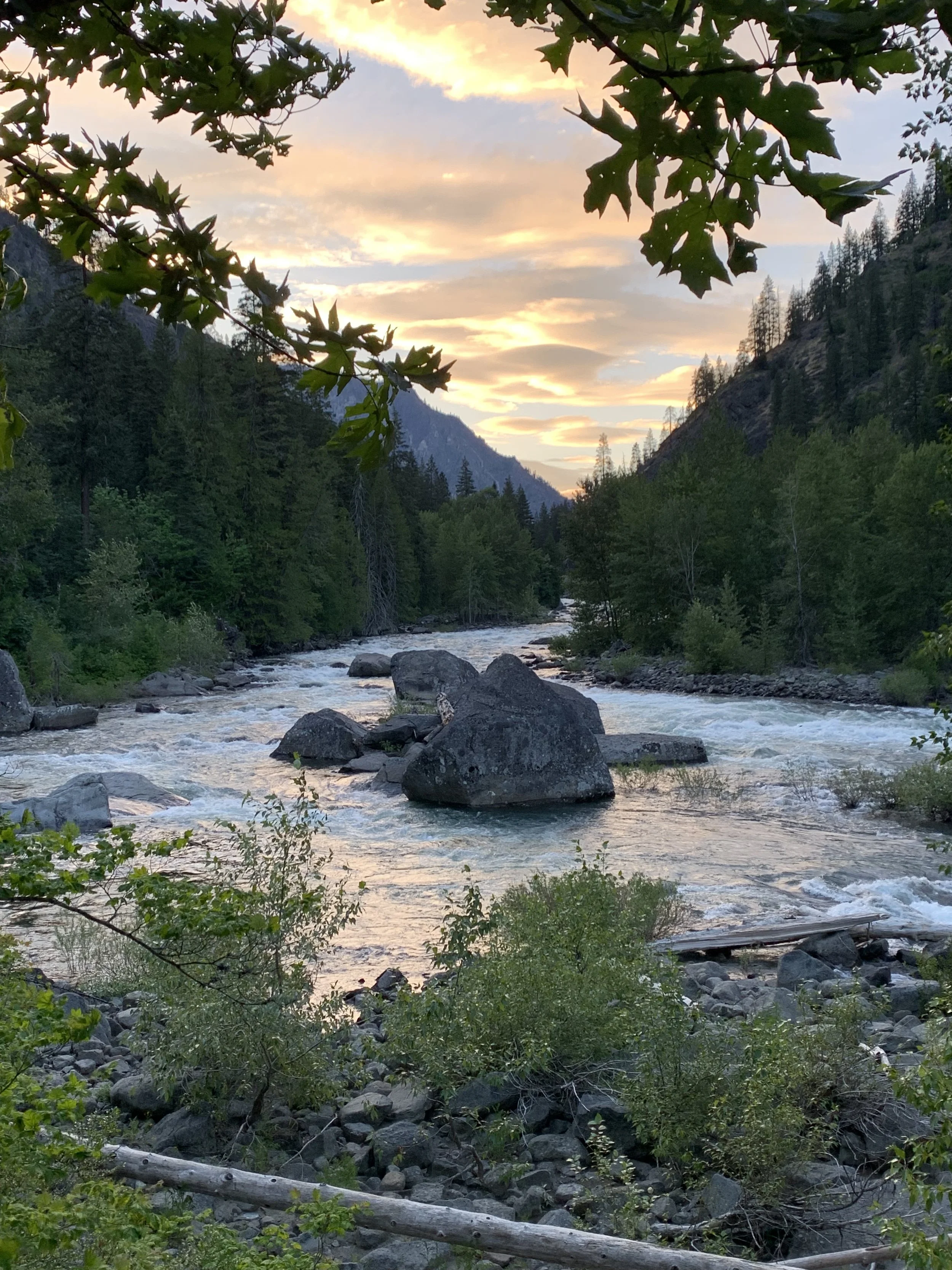 A river flowing through a forested mountainous landscape at sunset, with clouds in the sky and large rocks in the water.