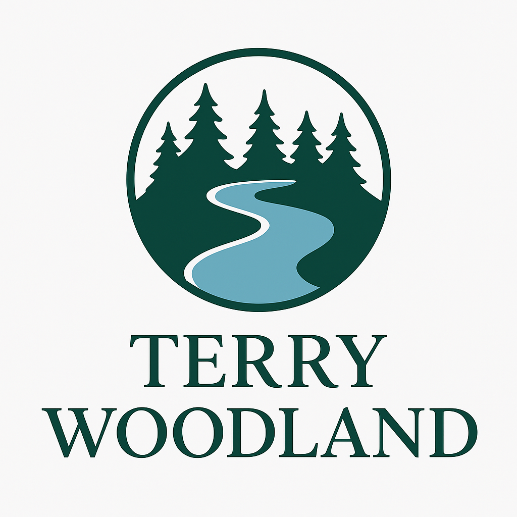 A circular logo with a mountain range, pine trees, and a winding river inside, with the text 'Terry Woodland' below.