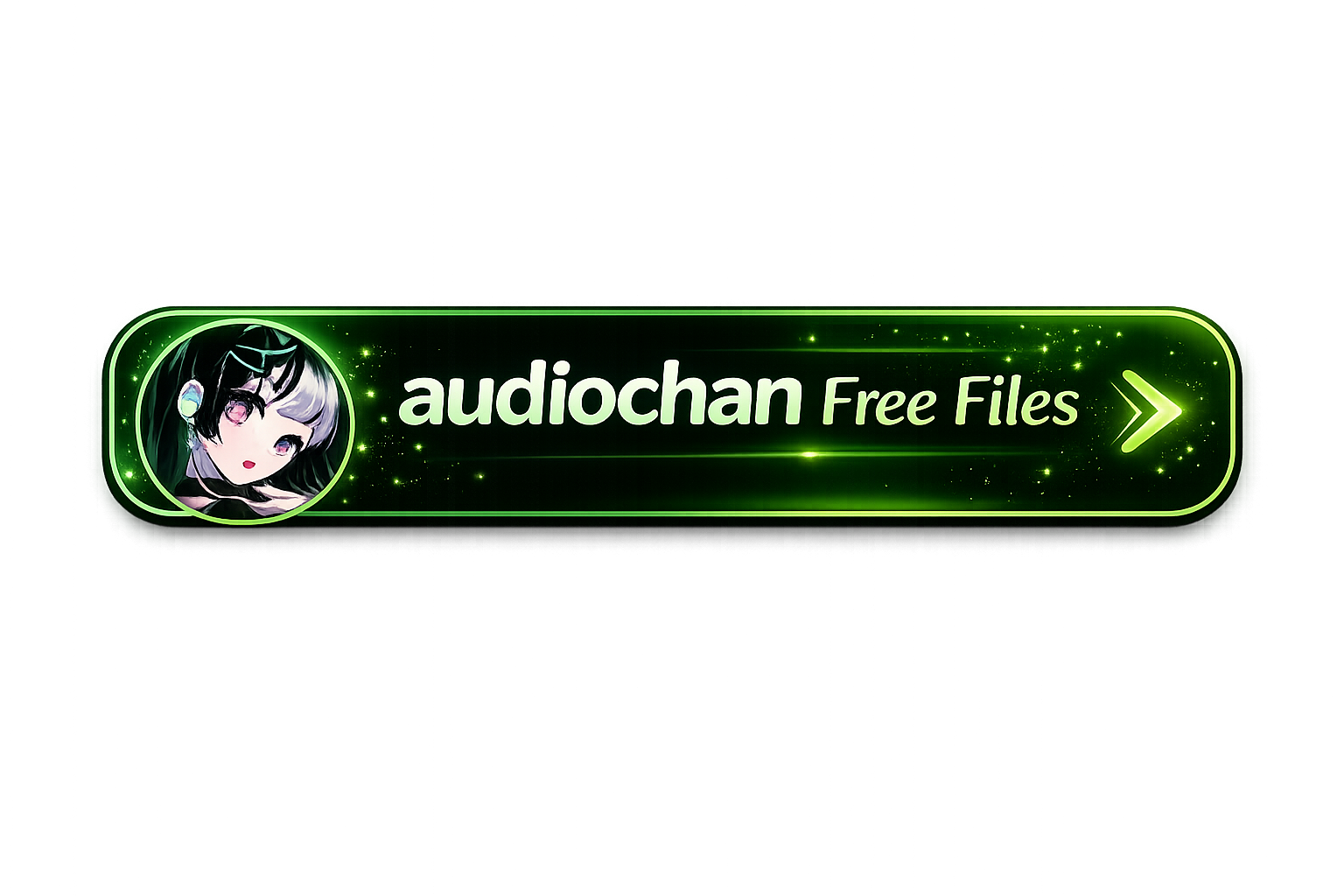 A digital graphic featuring a circular anime-style character with black hair and purple eyes on the left, glowing green sparkles, and the text "audiochan Free Files" with a green arrow on the right, set against a dark background.