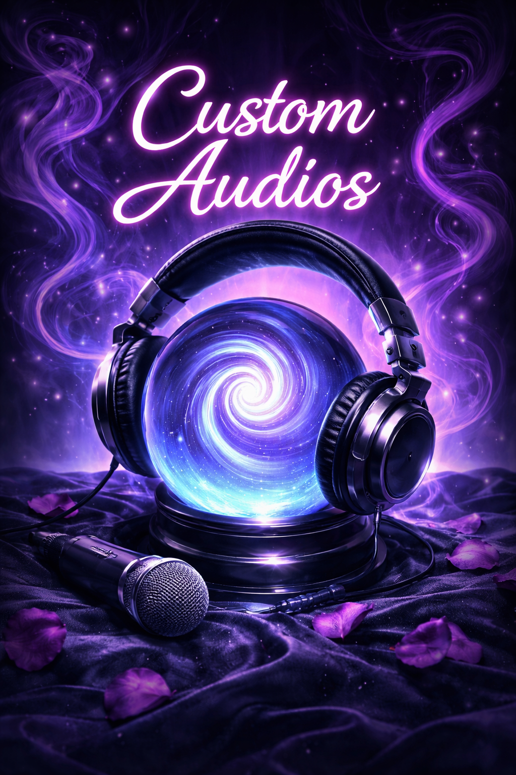Neon sign reading 'Custom Audios' above a glowing spiral galaxy inside a shopping head with headphones, microphone, and purple flower petals on dark fabric.