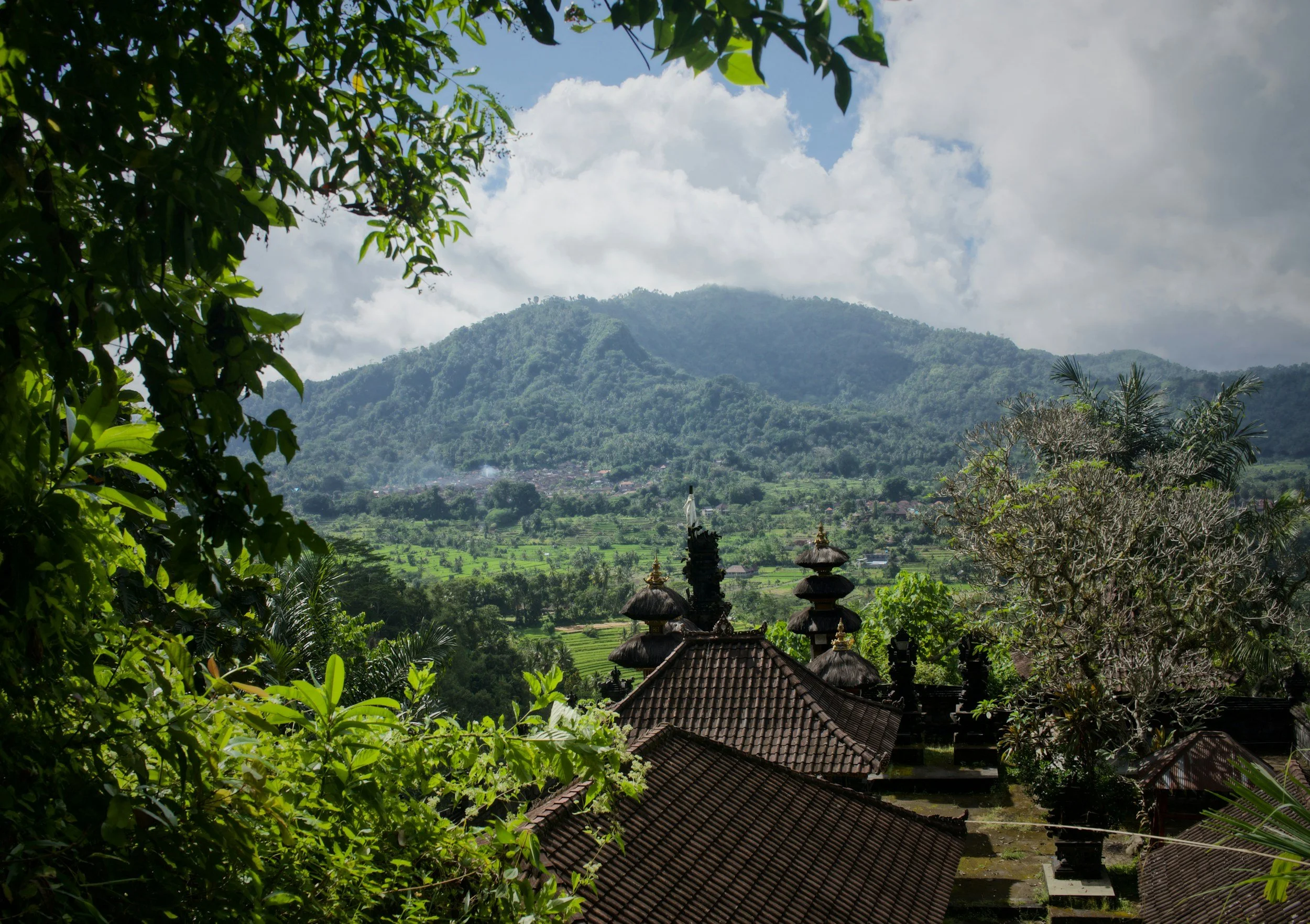 Lush green landscape with traditional Balinese temple rooftops in the foreground, trees, and a mountain in the background under a partly cloudy sky.