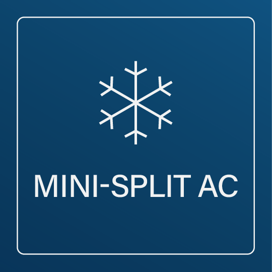 Logo with snowflake icon and the text 'MINI-SPLIT AC' on a blue background.