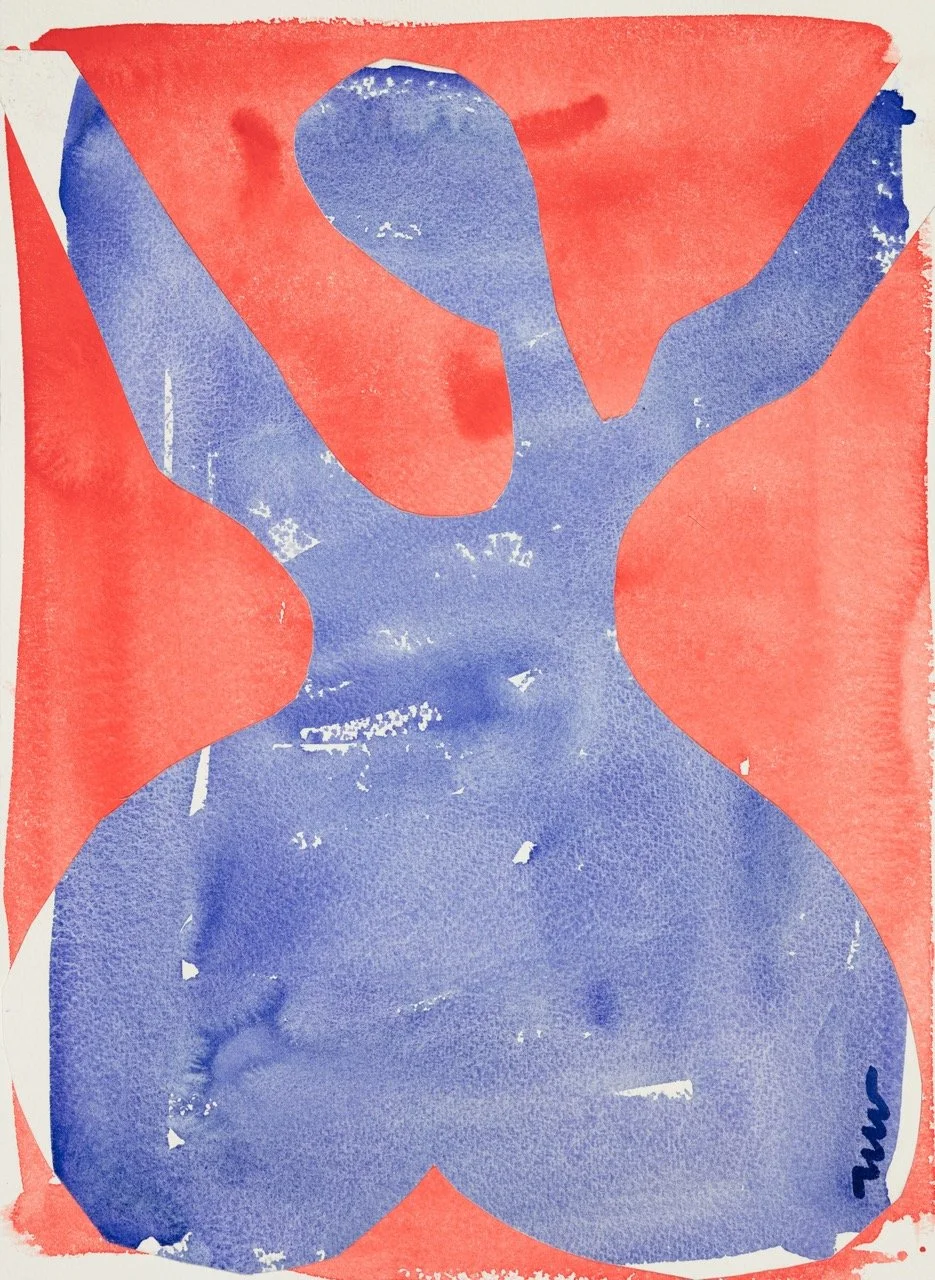 Abstract watercolor painting of a blue bunny figure with raised arms against a pink background.