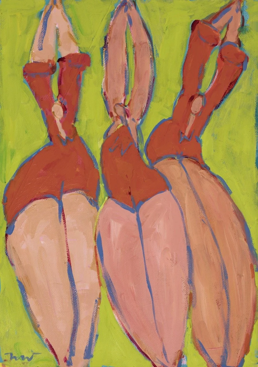Painting of three women lying on their stomachs with legs raised, viewed from behind, against a green background.