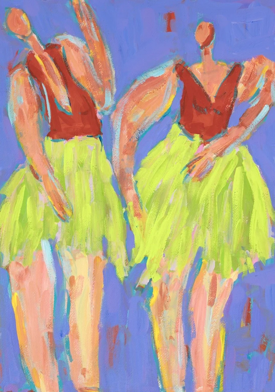 An abstract painting of two ballet dancers wearing red tops and lime green tutus, with a purple background.