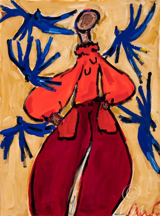 A stylized painting of a woman dressed in a red outfit with large, flowing pants and a top with ruffled shoulders, standing against a yellow background with blue abstract shapes.