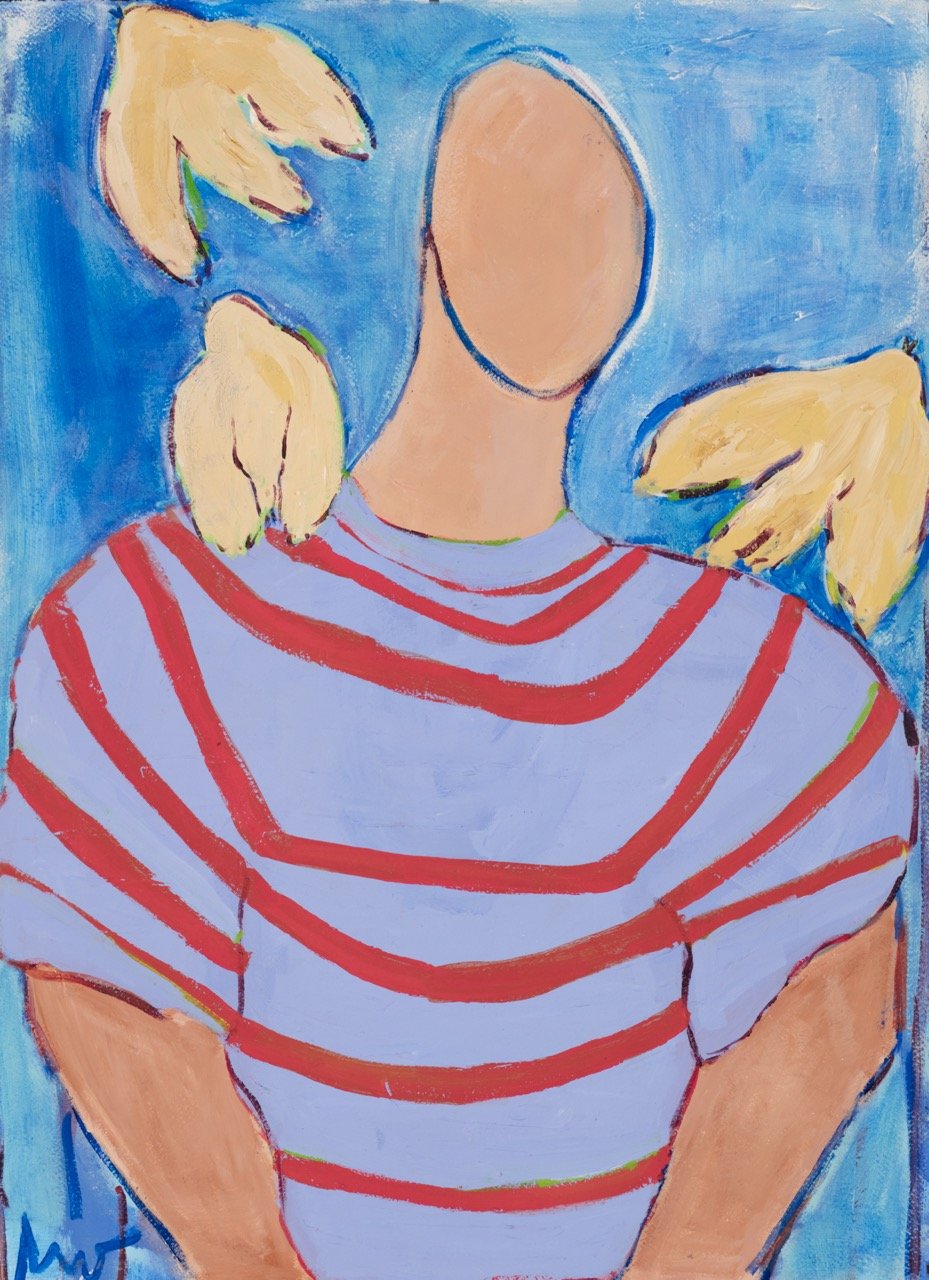 A colorful painting of a person with an oval head, wearing a red and white striped shirt, with yellow hands around the head. The background is blue.